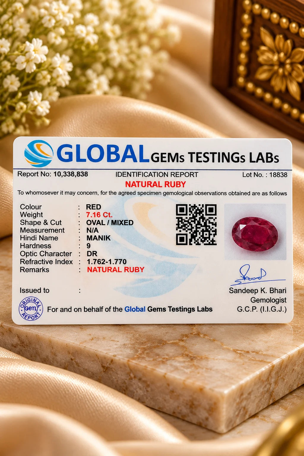 African Ruby (Manik) 7.16 Ct | GGTL Certified
