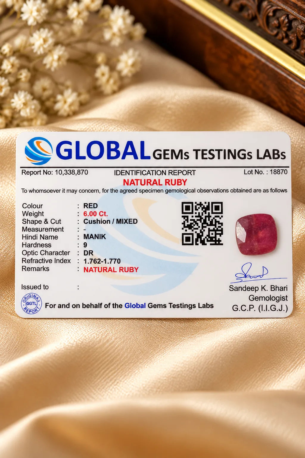 African Ruby (Manik) 6.00 Ct | GGTL Certified