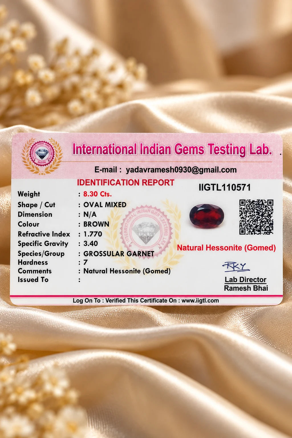 Natural Hessonite Gomed 8.30 Ct - Oval Mixed - IIGTL Certified