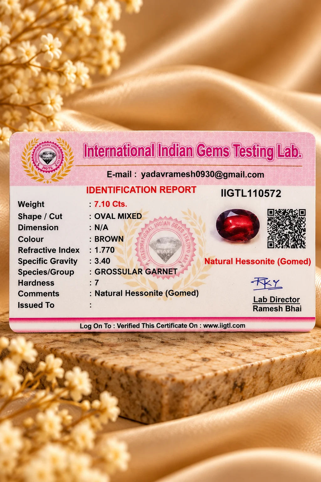 Natural Hessonite Gomed 7.10 Ct - Oval Mixed - IIGTL Certified