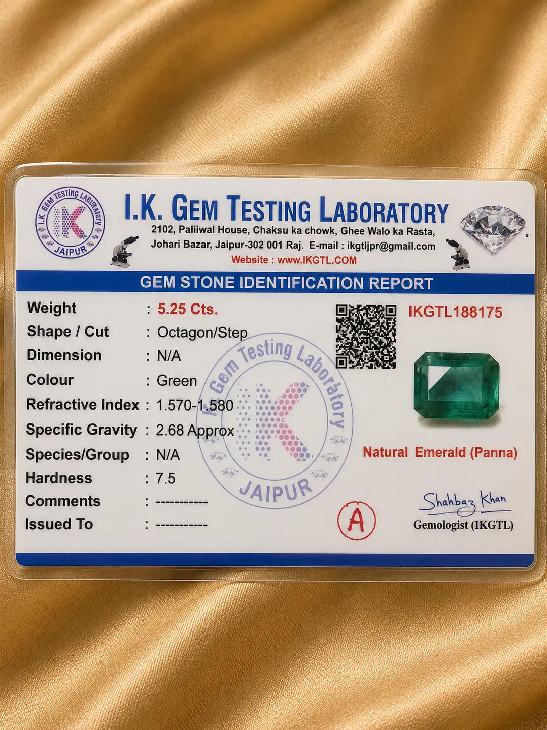 Emerald (Panna) 5.25 Ct | IKGTL Certified | Report IKGTL188175