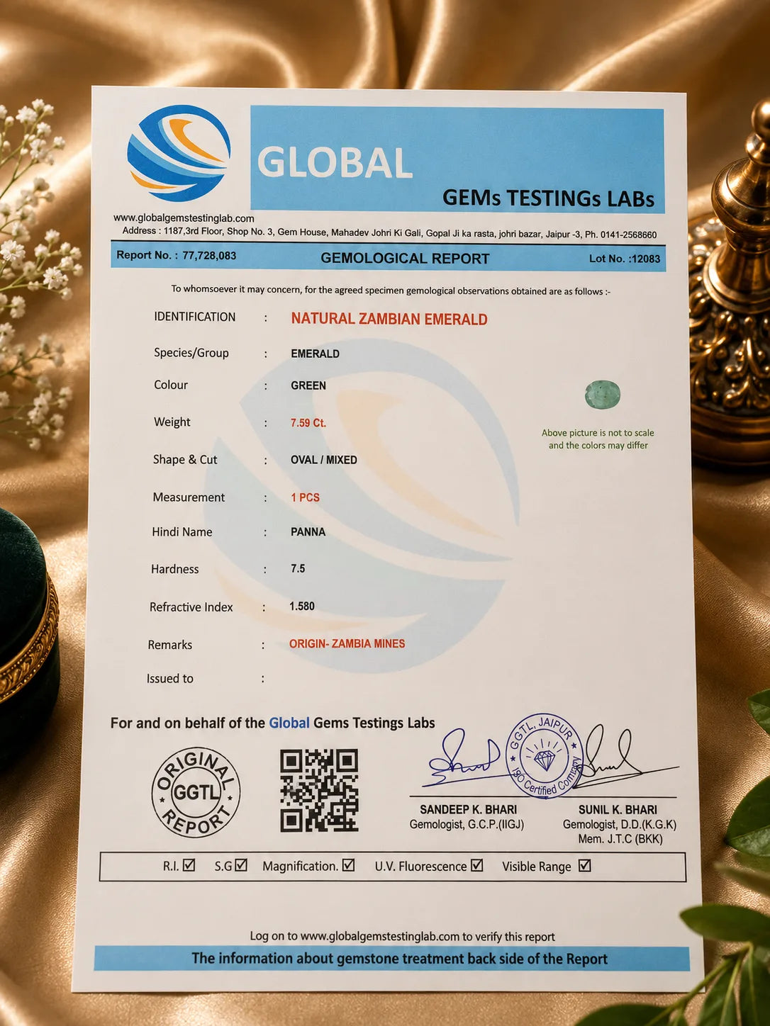 Zambia Emerald (Panna) 7.59 Ct | GGTL Certified | Report 77728083