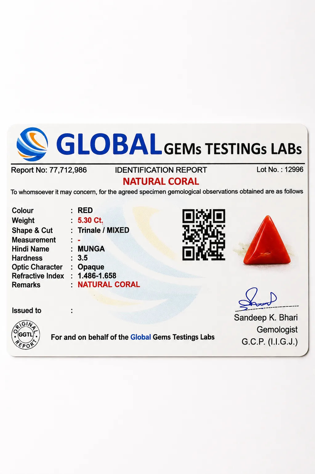Red Coral (Moonga) 5.30 Ct | GGTL Certified | Report 77712986