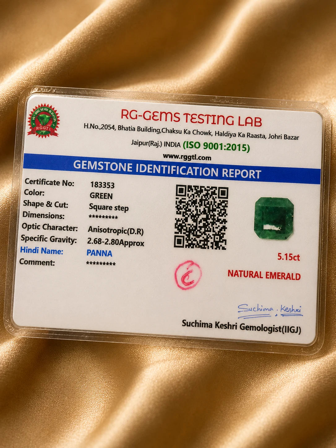 Emerald (Panna) 5.15 Ct | RG-GEMS Certified | Report 183353
