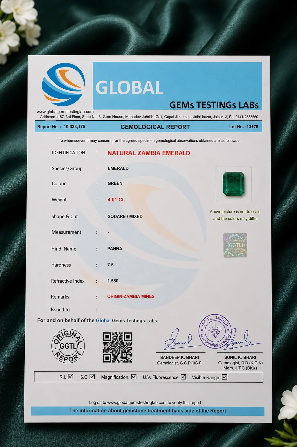 Natural Zambian Emerald 4.01 Ct (Panna) - Square Mixed - GGTL Certified