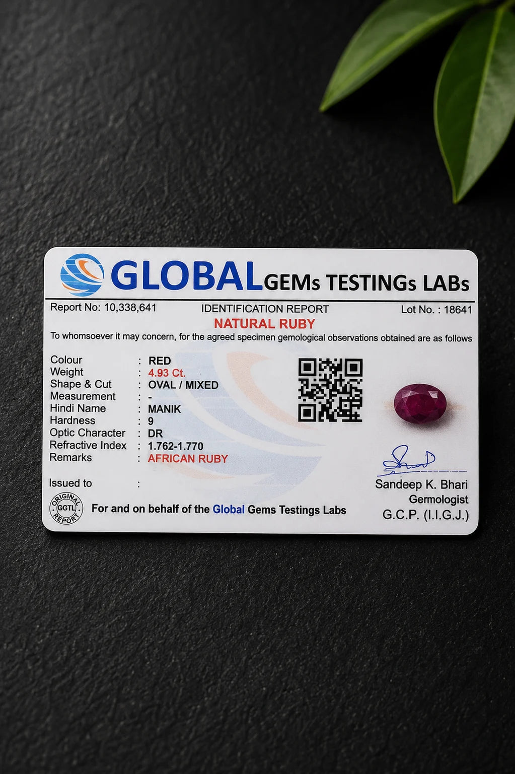 African Ruby (Manik) 4.93 Ct | GGTL Certified