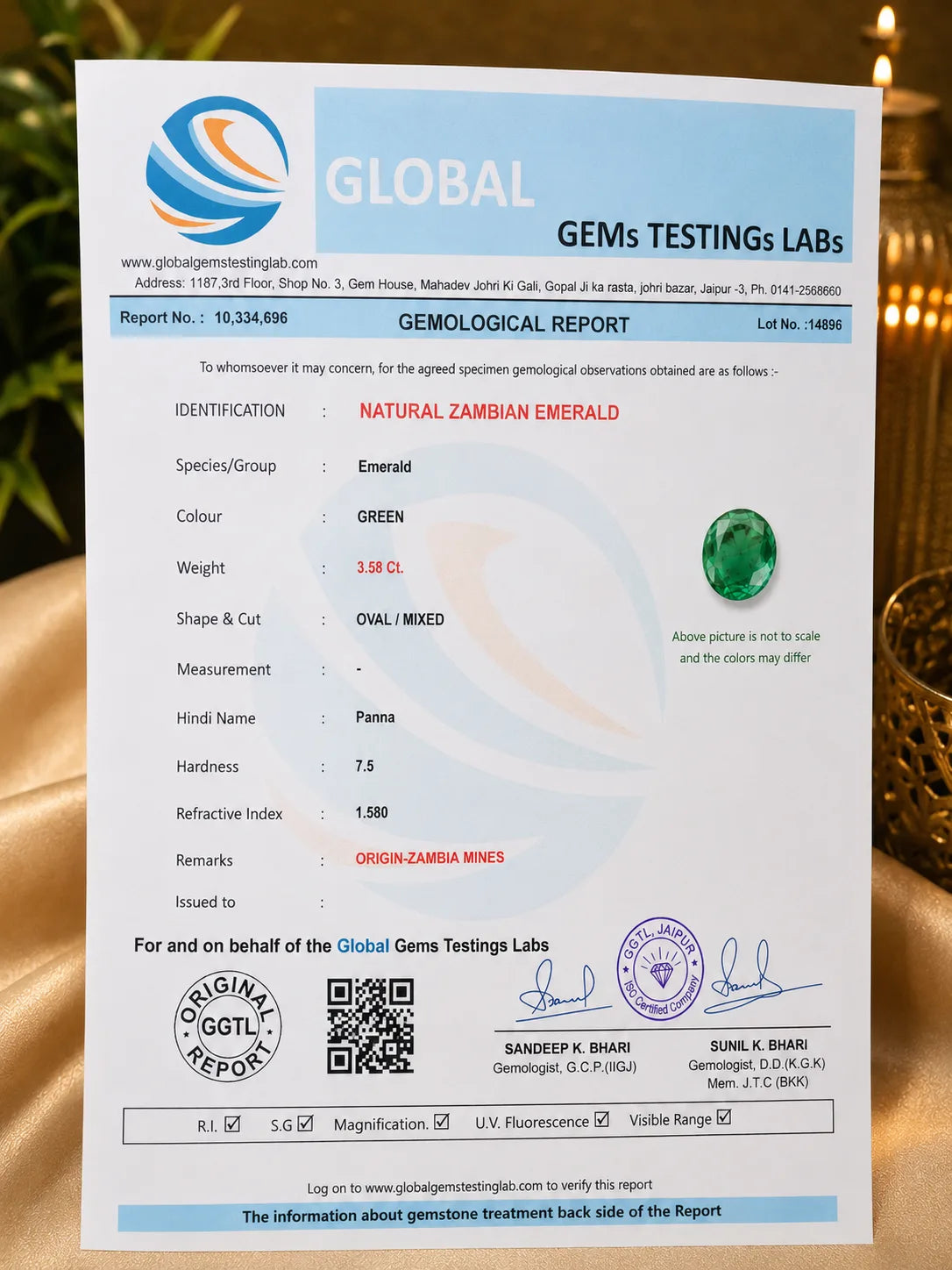 Zambia Emerald (Panna) 3.58 Ct | GGTL Certified | Report 10334696