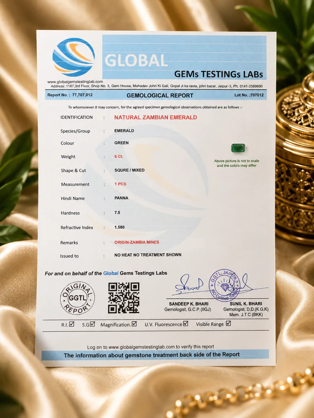 Zambia Emerald (Panna) 6.00 Ct | GGTL Certified | Report 77707012