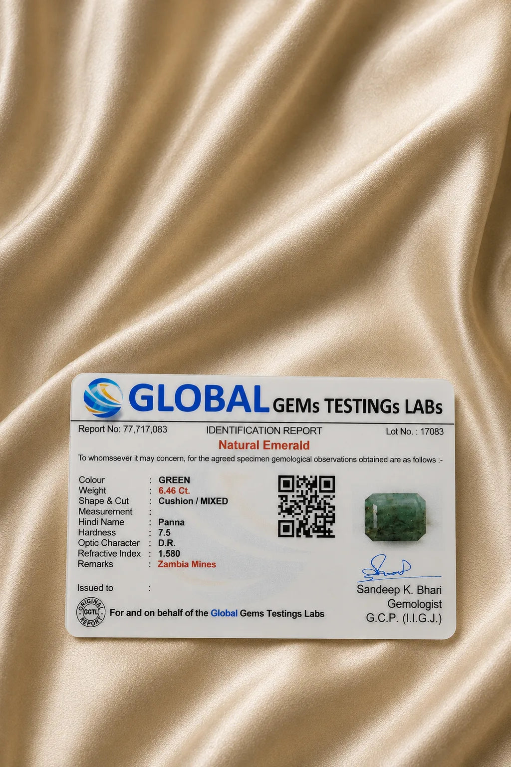 Emerald (Panna) 6.46 Ct | GGTL Certified | Report 77717083
