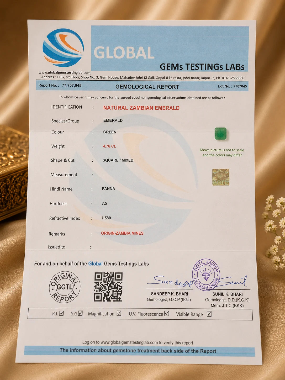 Natural Zambian Emerald 4.76 Ct (Panna) - Square Mixed - GGTL Certified