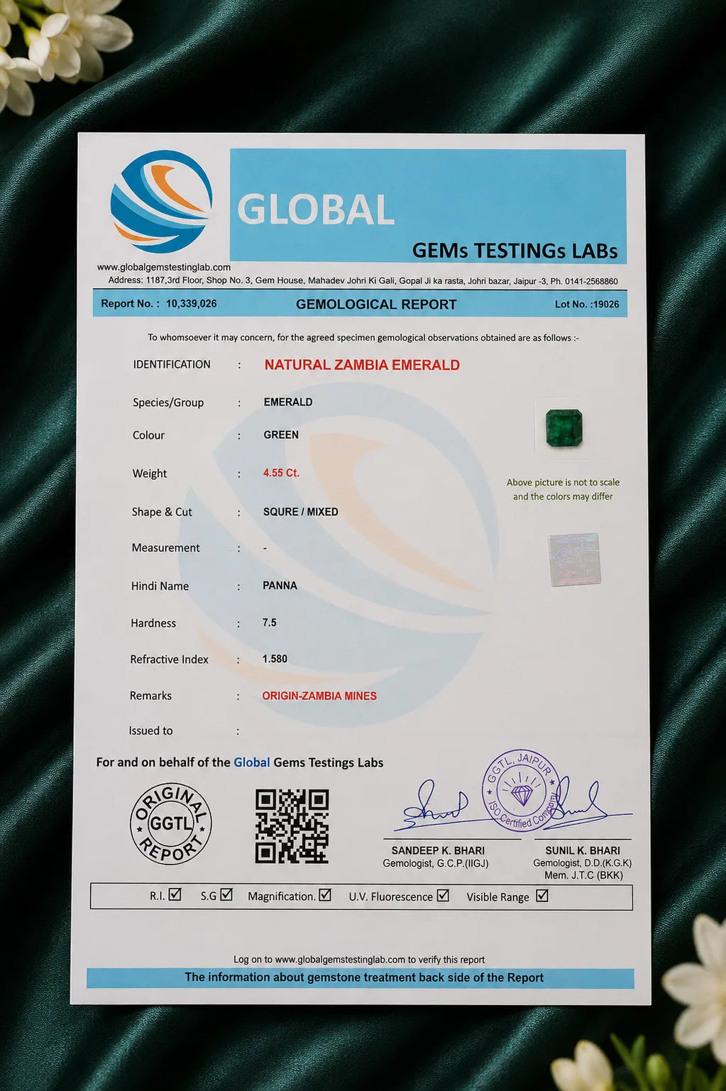 Natural Zambian Emerald 4.55 Ct (Panna) - Square Mixed - GGTL Certified