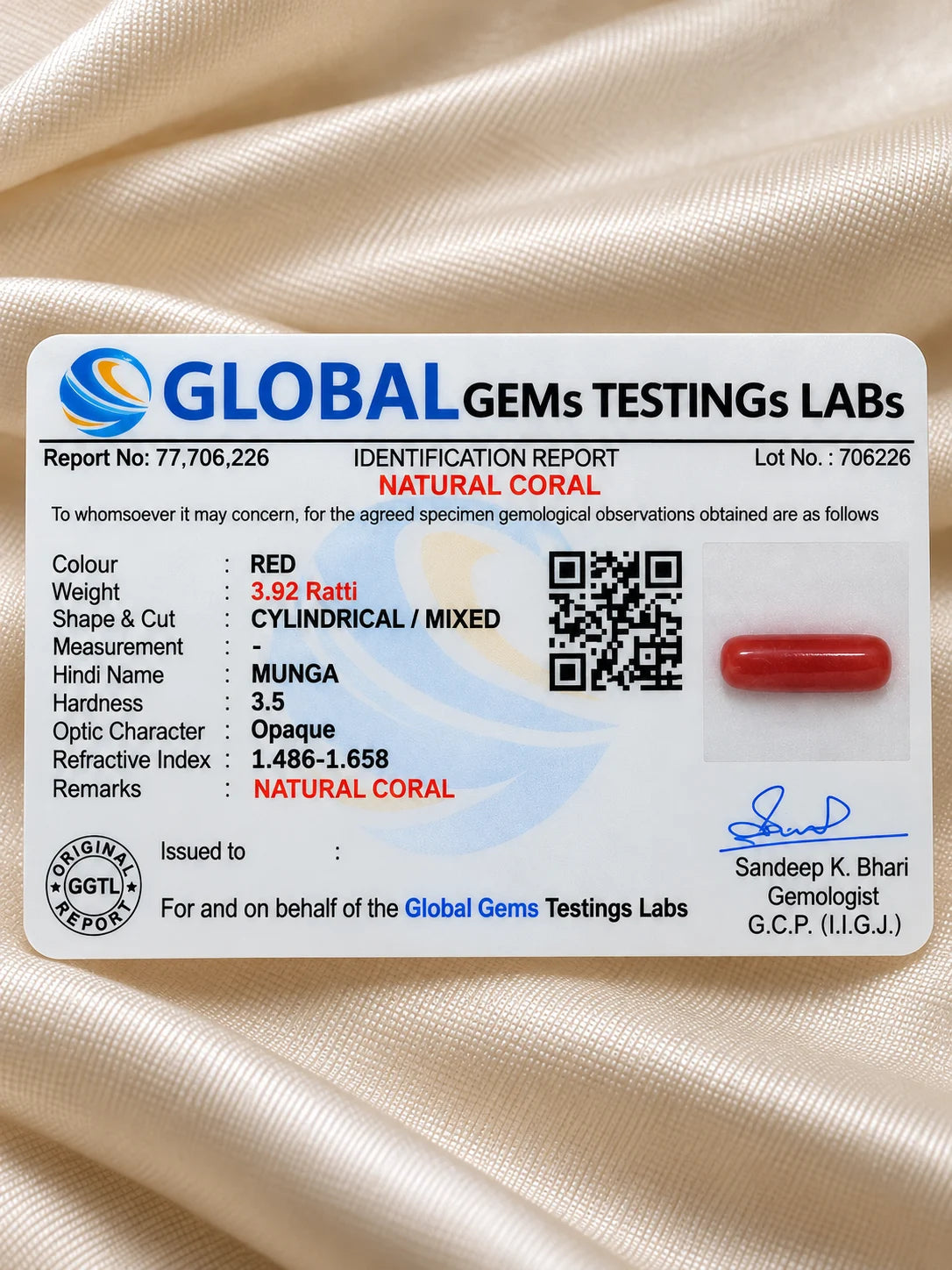 Natural Red Coral (Munga) 3.92 Ratti - Cylindrical Mixed - GGTL Certified