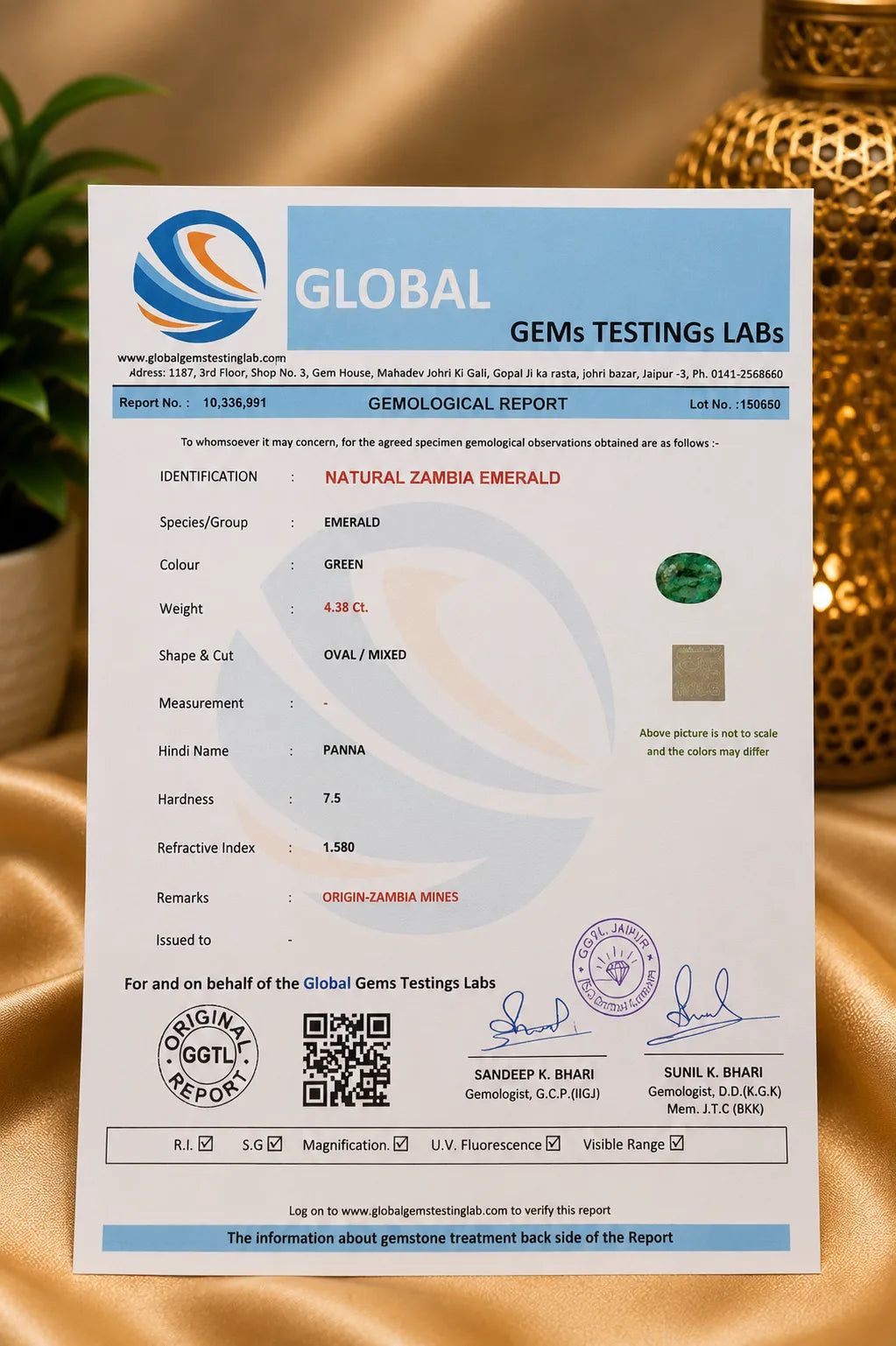 Zambia Emerald (Panna) 4.38 Ct | GGTL Certified | Report 10336991