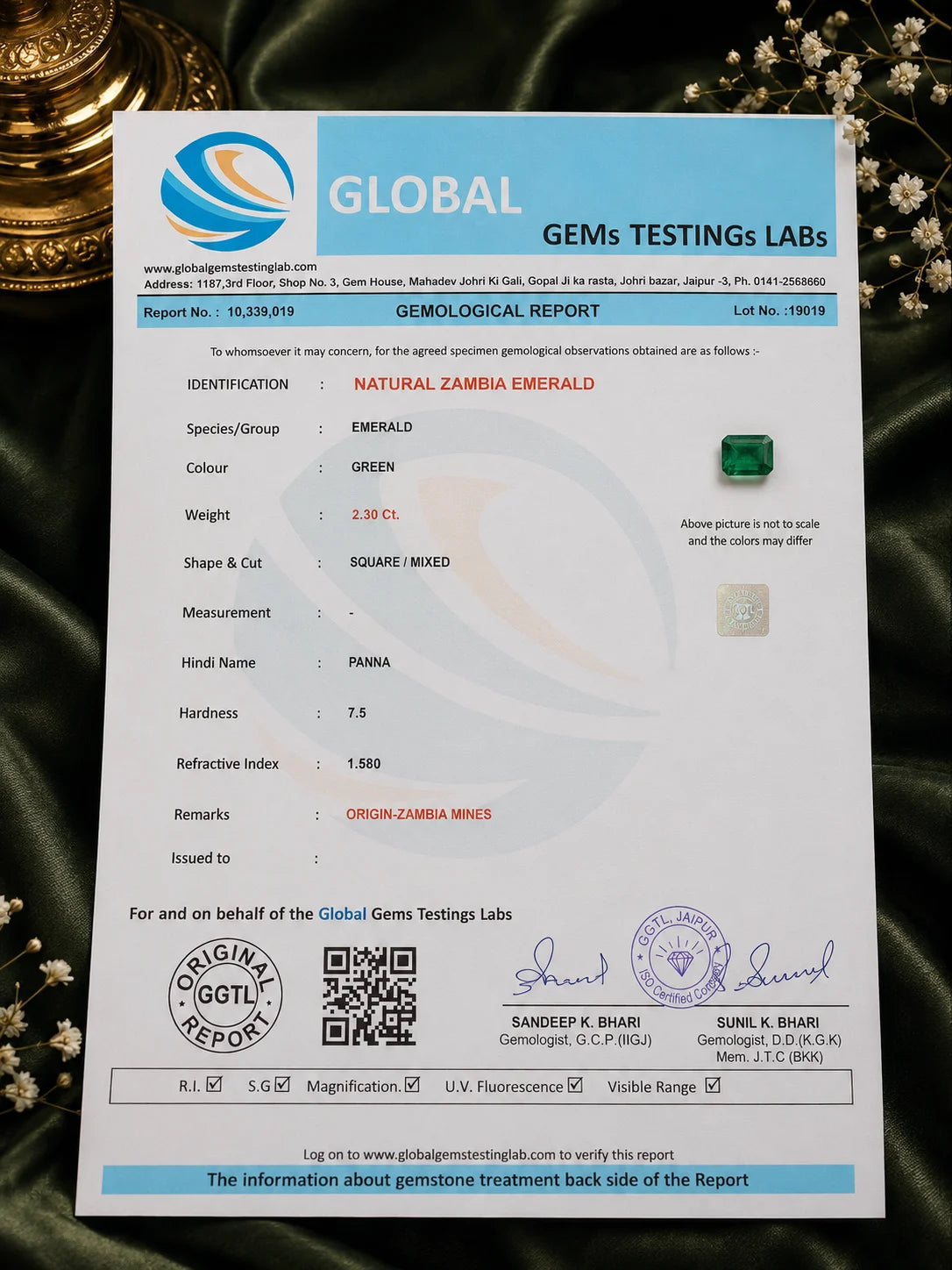 Natural Zambian Emerald 2.30 Ct (Panna) - Square Mixed - GGTL Certified