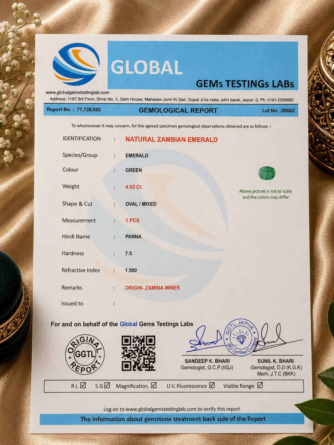 Zambia Emerald (Panna) 4.62 Ct | GGTL Certified | Report 77728082