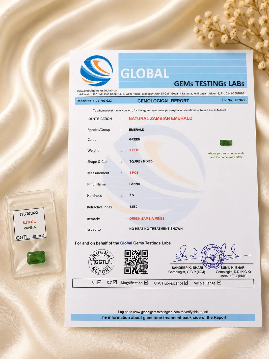 Natural Zambian Emerald 5.70 Ct (Panna) - Square Mixed - No Heat No Treatment - GGTL Certified