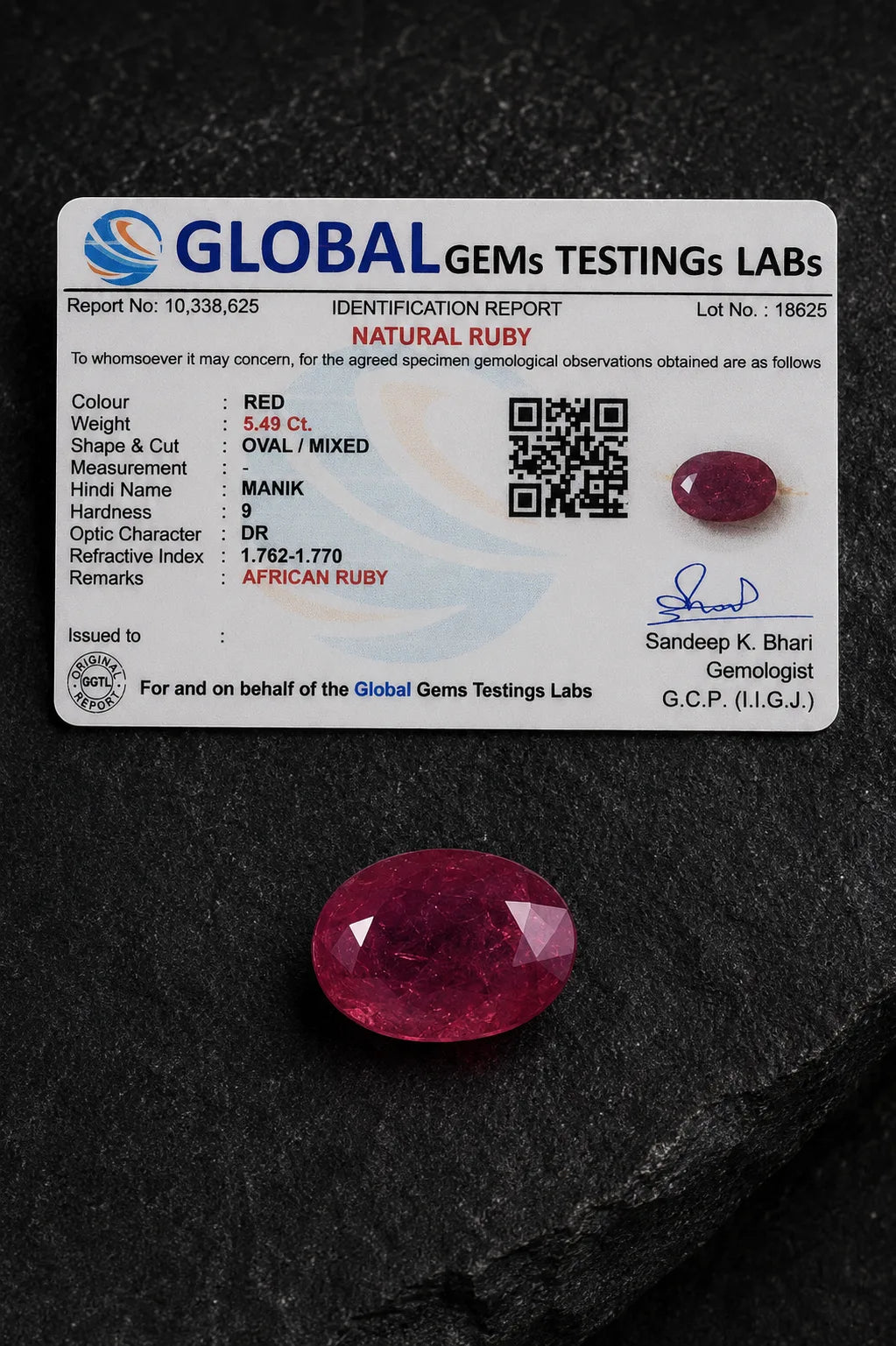 African Ruby (Manik) 5.49 Ct | GGTL Certified