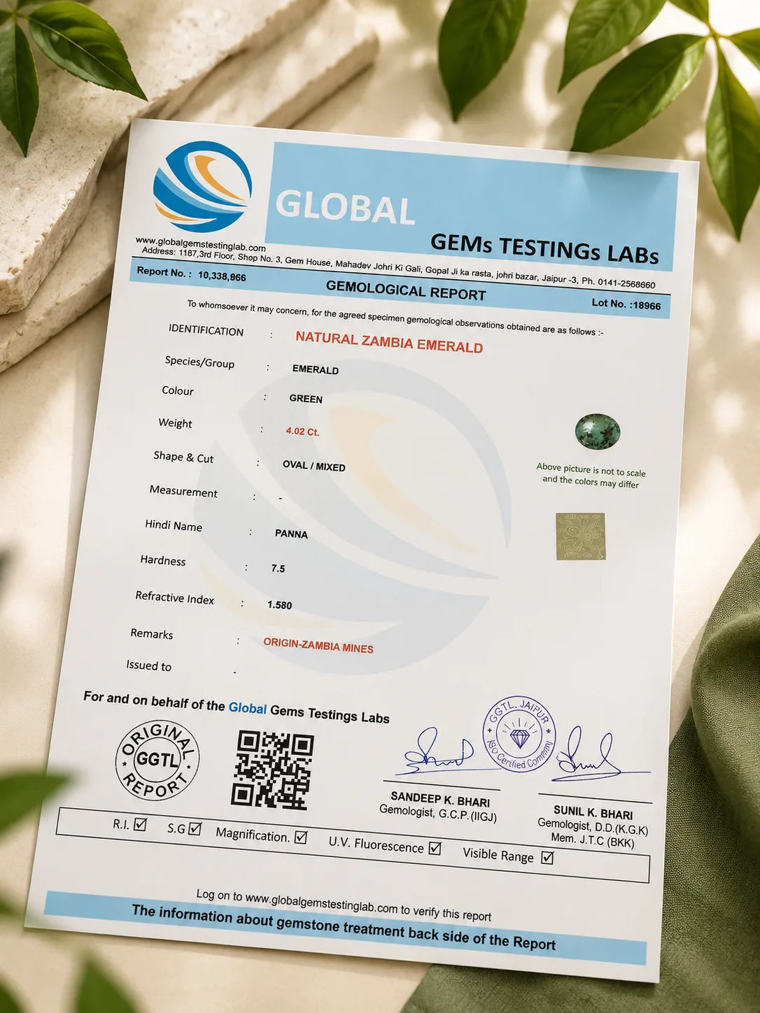Zambia Emerald (Panna) 4.02 Ct | GGTL Certified | Report 10338966
