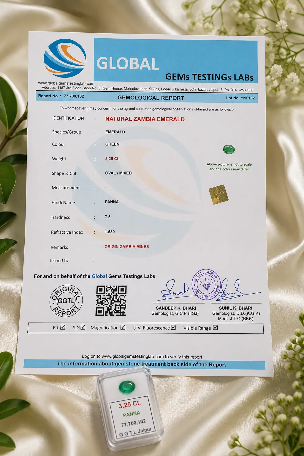 Zambia Emerald (Panna) 3.25 Ct | GGTL Certified | Report 77700102
