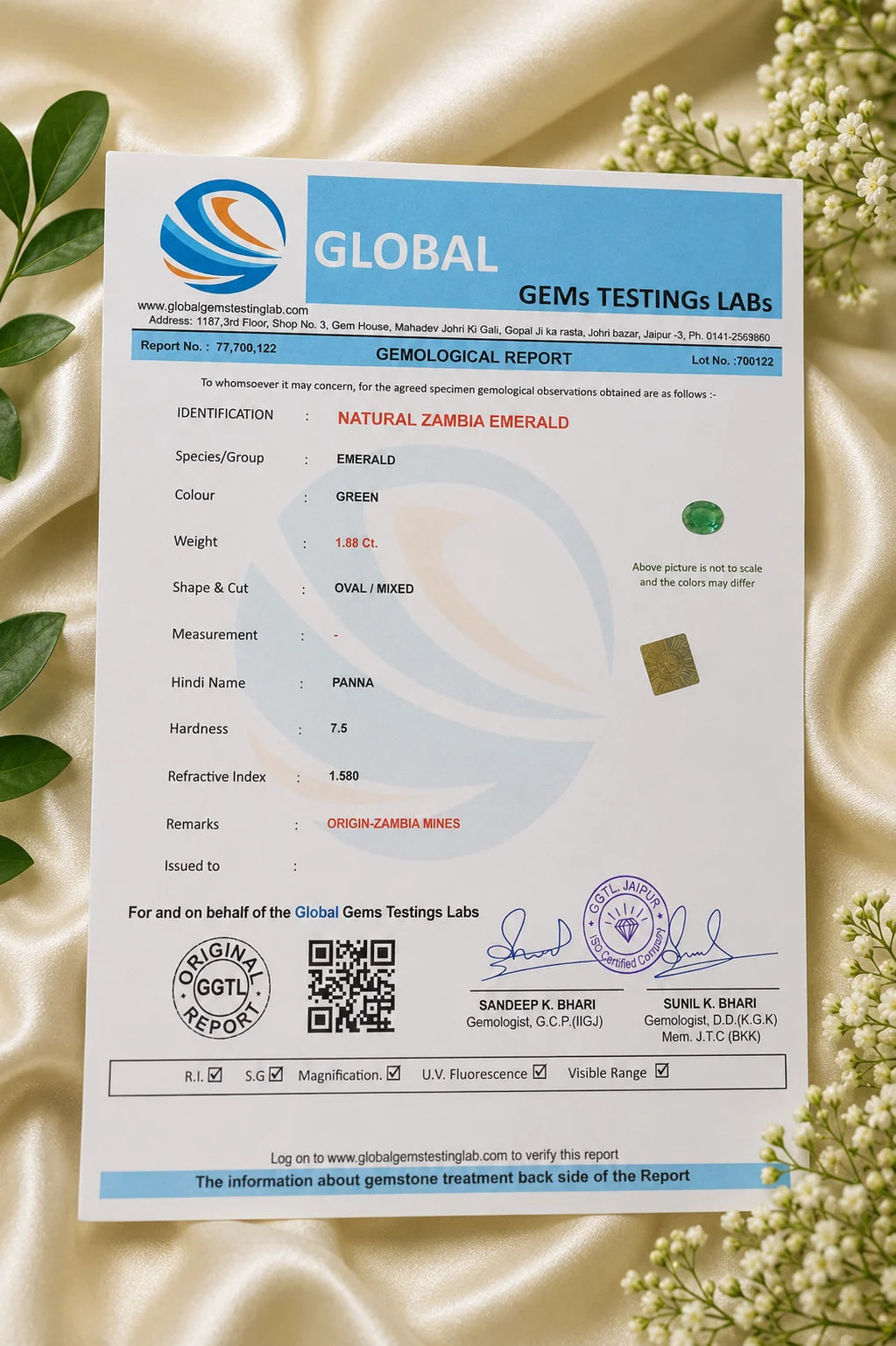 Zambia Emerald (Panna) 1.88 Ct | GGTL Certified | Report 77700122