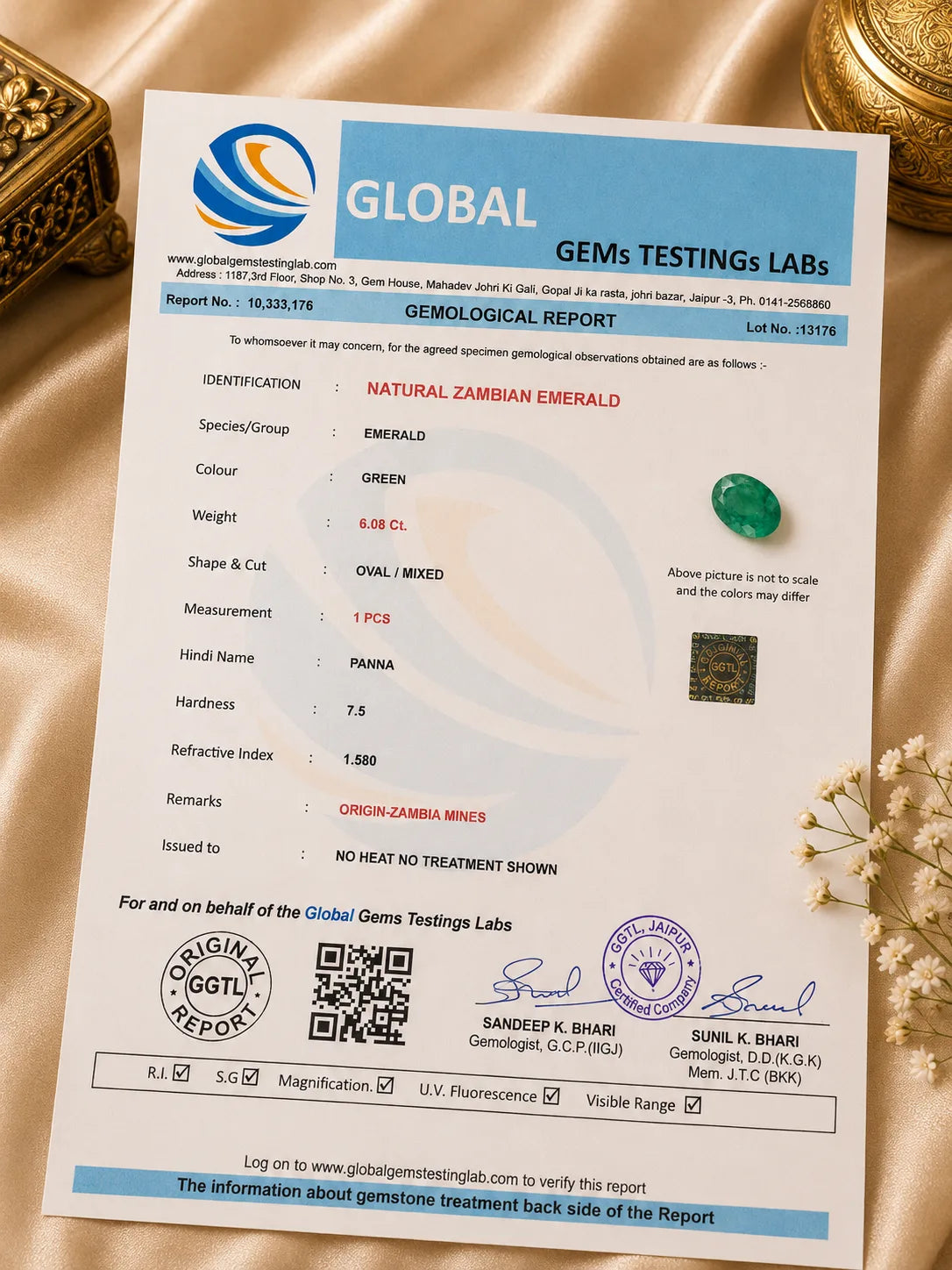 Natural Zambian Emerald 6.08 Ct (Panna) - Oval Mixed - No Heat No Treatment - GGTL Certified