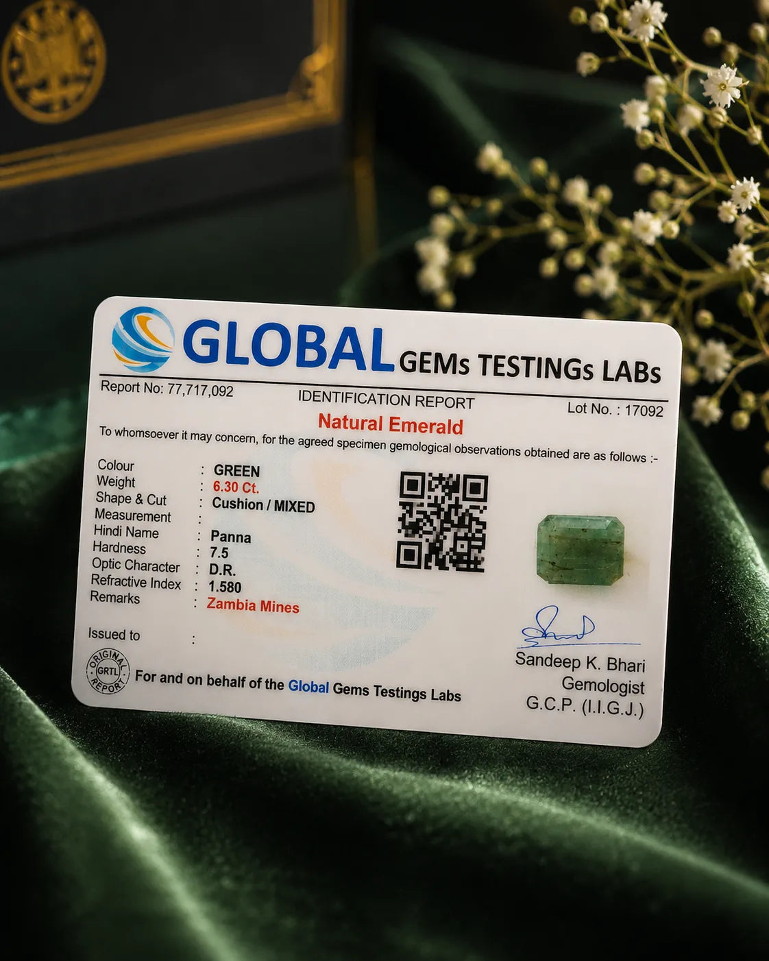 Emerald (Panna) 6.30 Ct | GGTL Certified | Report 77717092