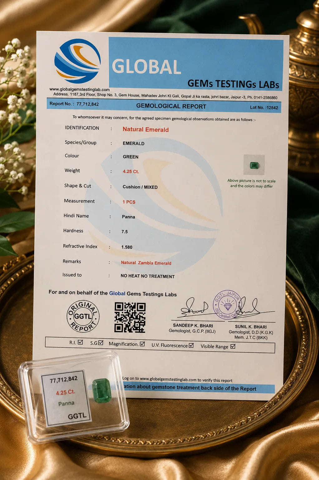 Natural Zambian Emerald 4.25 Ct (Panna) - Cushion Mixed - No Heat No Treatment - GGTL Certified