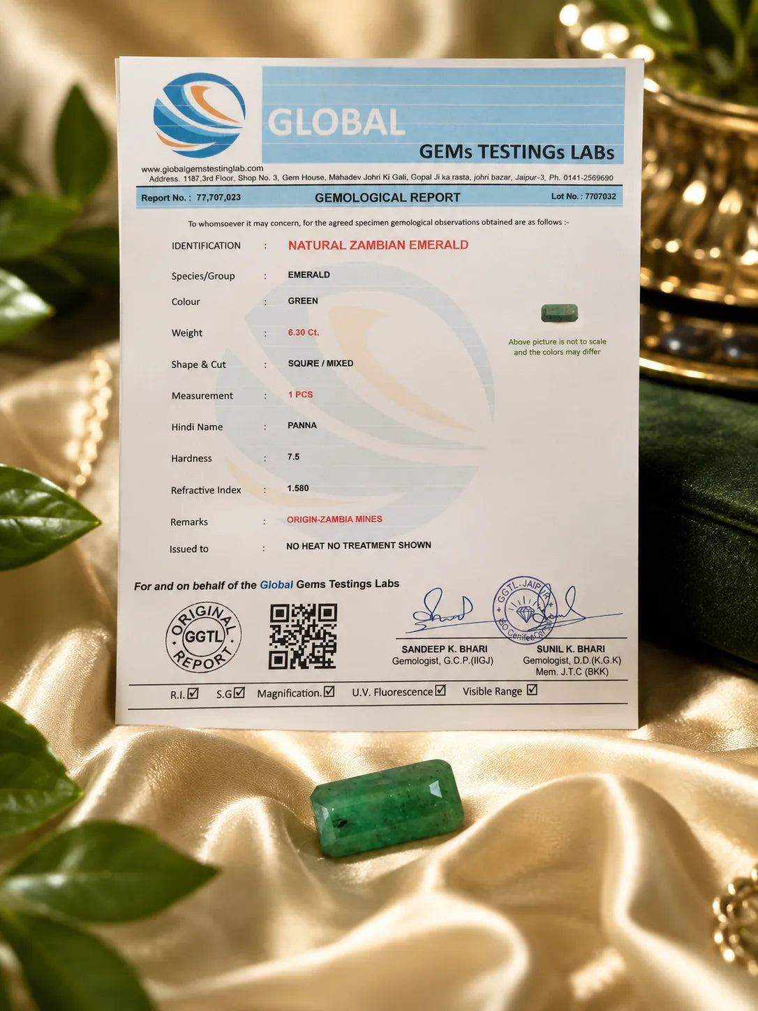 Zambia Emerald (Panna) 6.30 Ct | GGTL Certified | Report 77707023