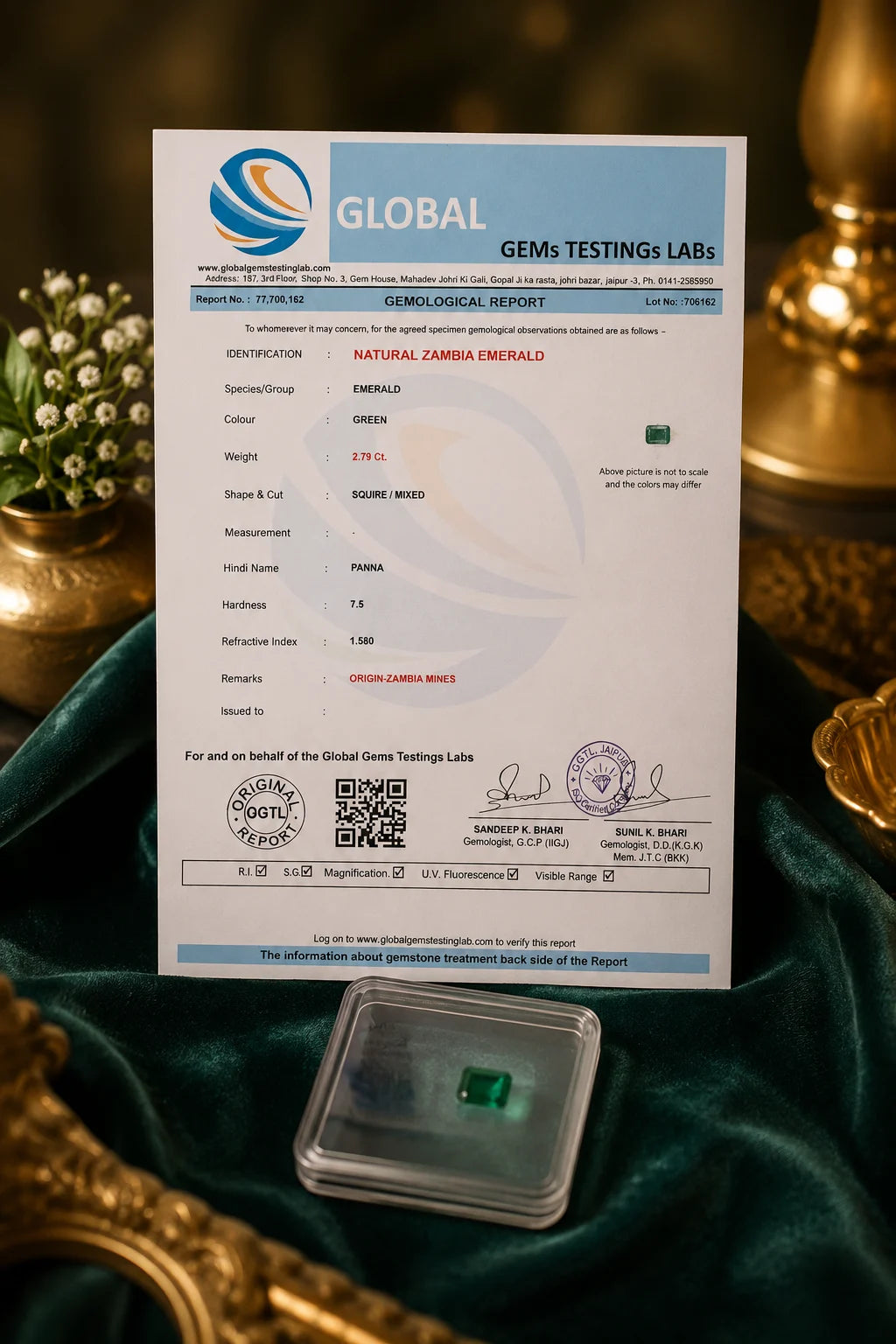 Natural Zambian Emerald 2.79 Ct (Panna) - Square Mixed - GGTL Certified