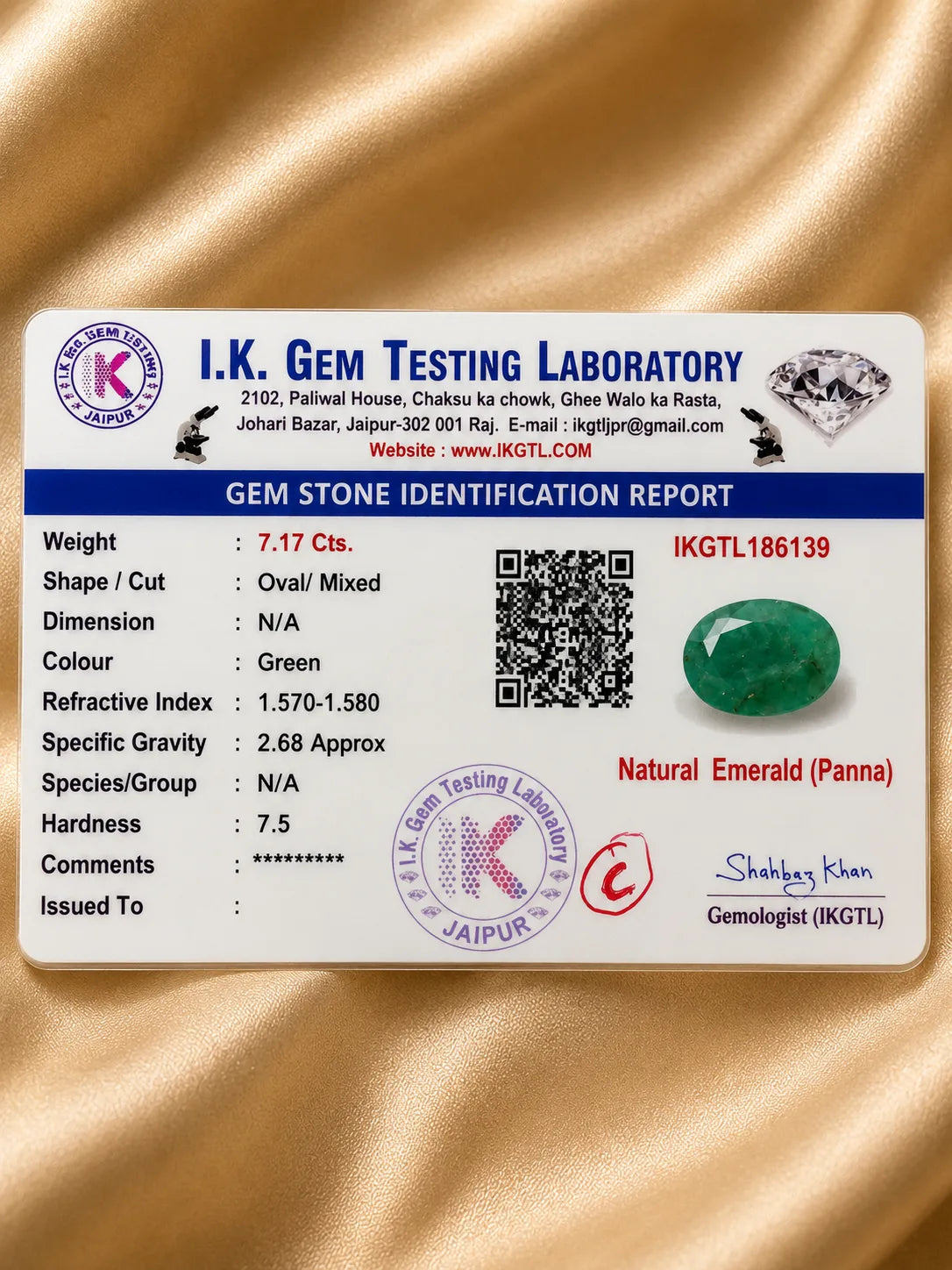 Emerald (Panna) 7.17 Ct | IKGTL Certified | Report IKGTL186139