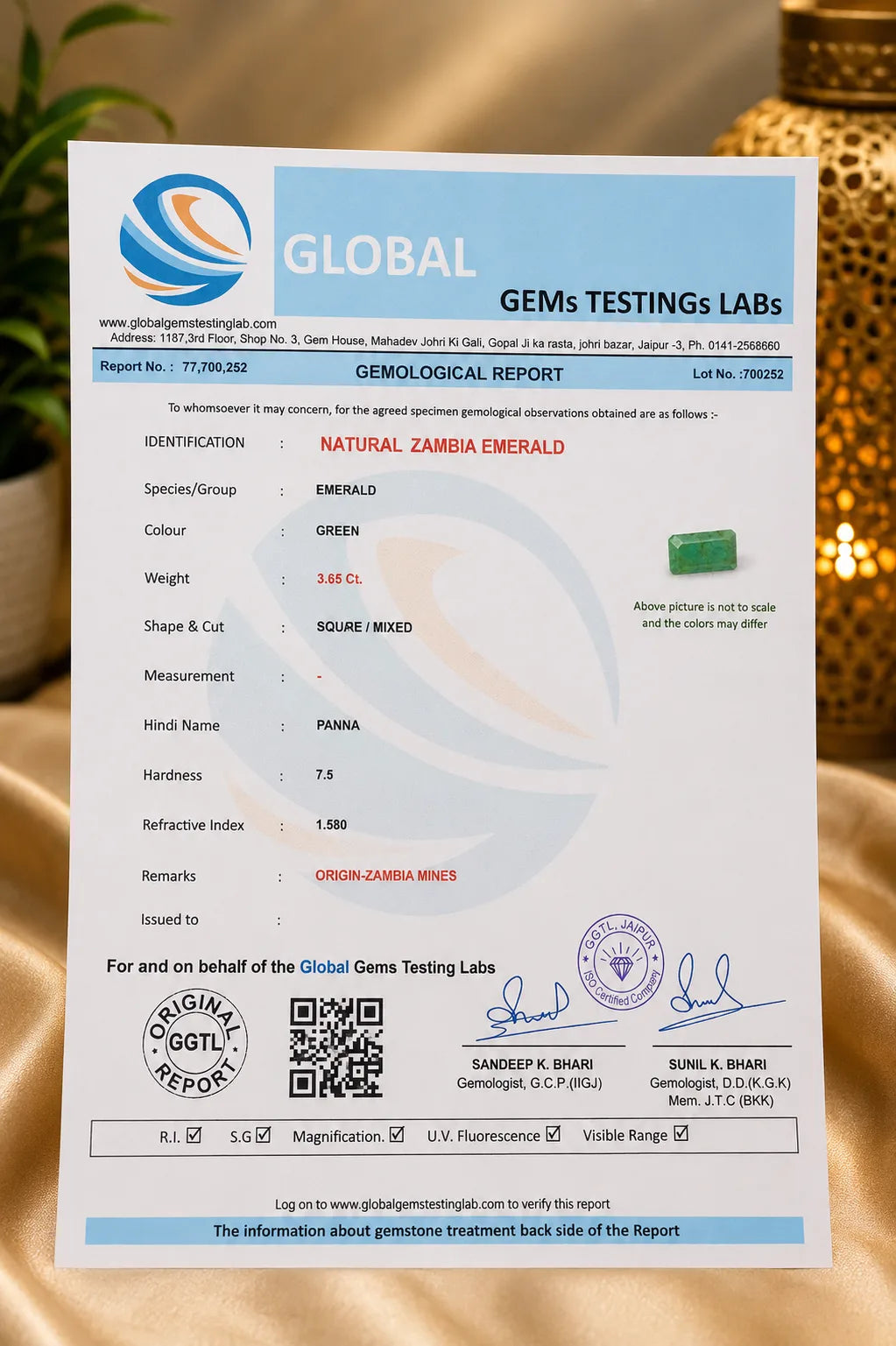 Zambia Emerald (Panna) 3.65 Ct | GGTL Certified | Report 77700252