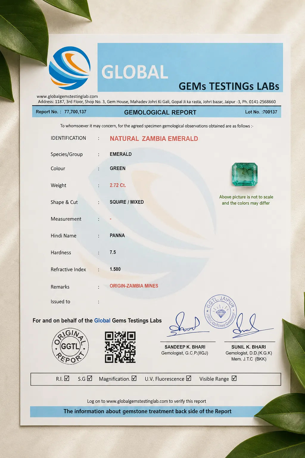 Zambia Emerald (Panna) 2.72 Ct | GGTL Certified | Report 77700137