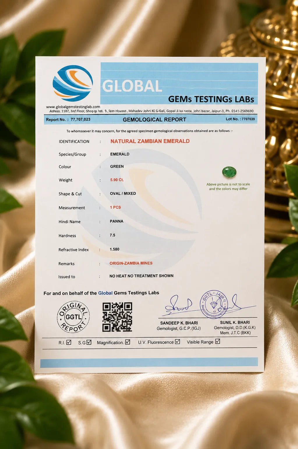 Zambia Emerald (Panna) 5.90 Ct | GGTL Certified | Report 77707039
