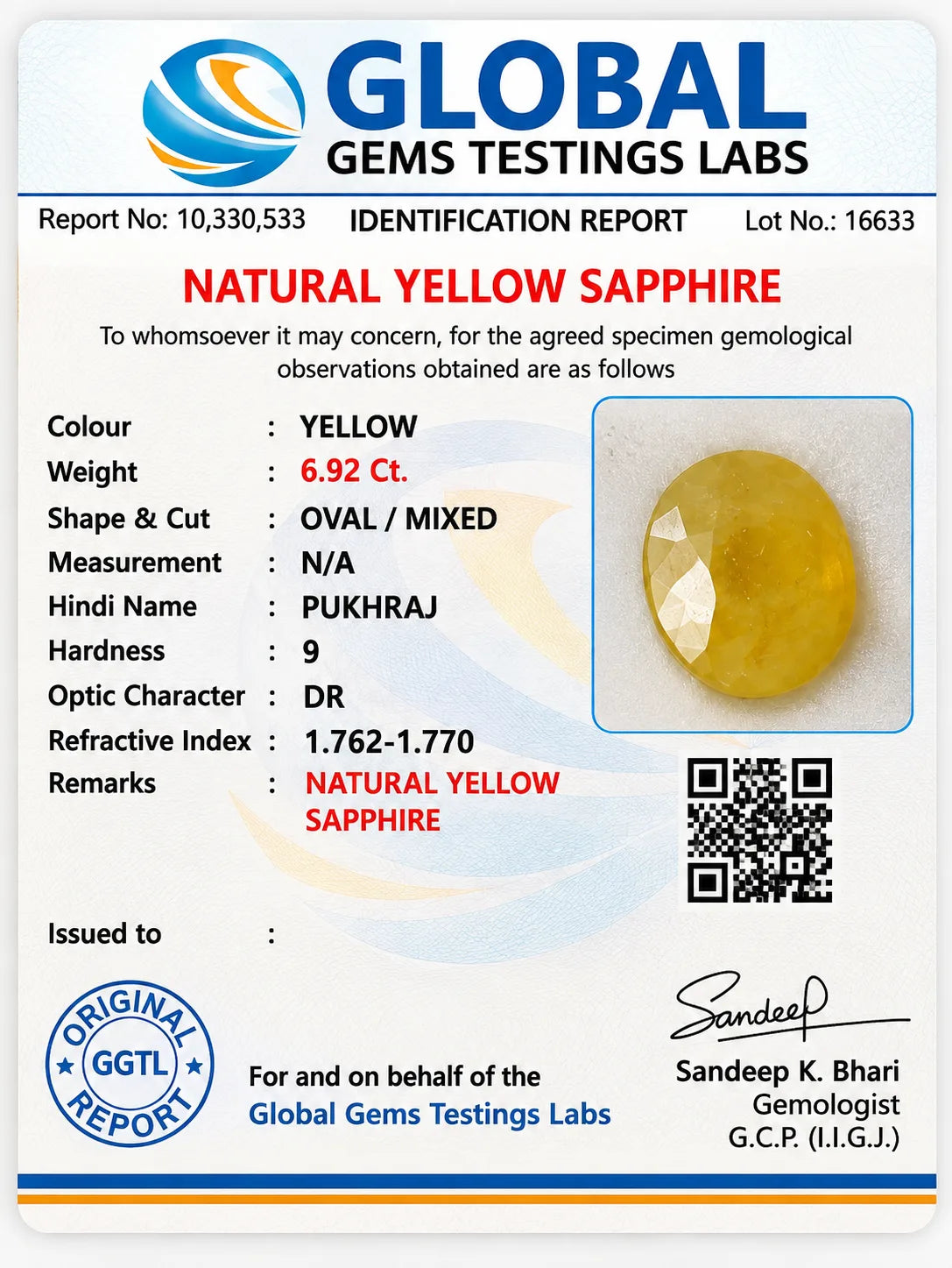 Yellow Sapphire (Pukhraj) 6.92 Ct